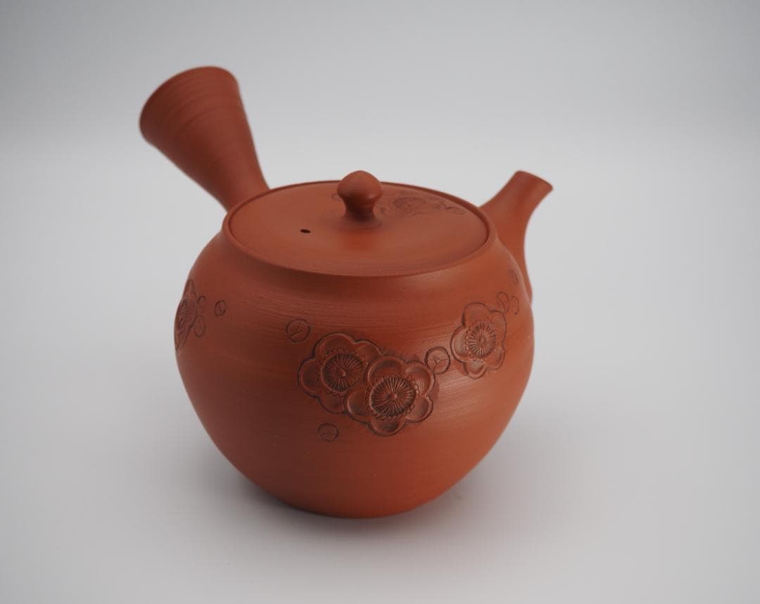 常滑焼 山田宝生作 梅花彫 朱泥急須