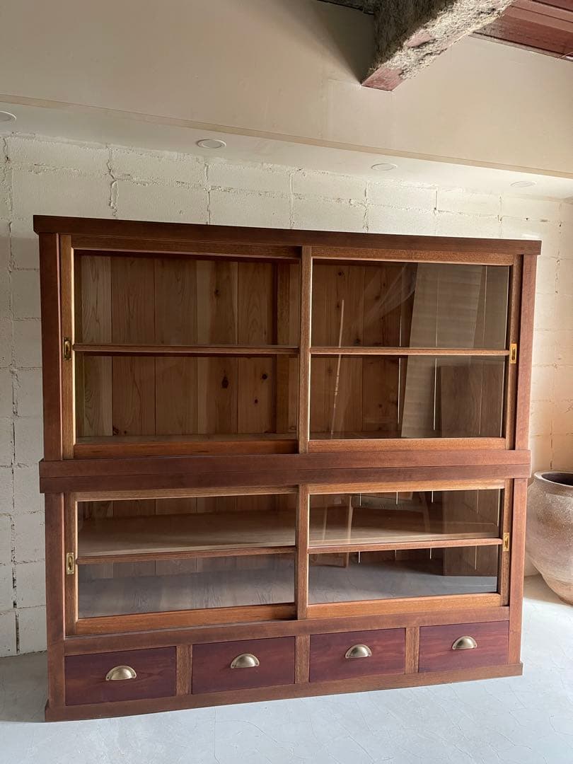 水屋箪笥　稀少　当時物　大型　ガラス棚　食器棚　収納棚　上下分割　什器　古家具