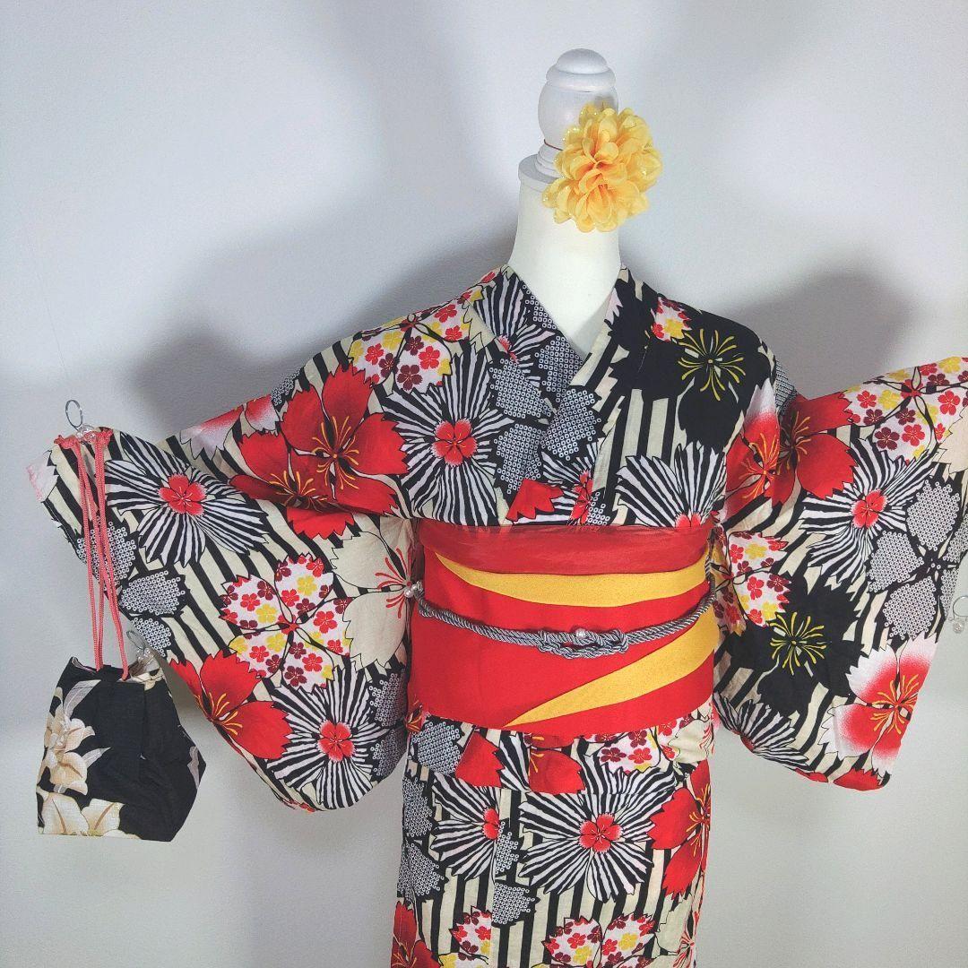 レディース　浴衣　セット　身丈164cm　ストライプ　花柄　作り帯　赤黄　兵児帯