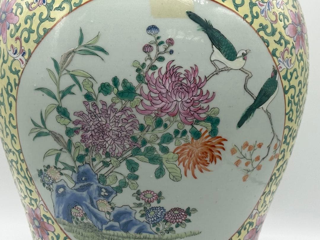 中国　清時代　粉彩　獅子摘み　花鳥紋大壺　送料込み251224