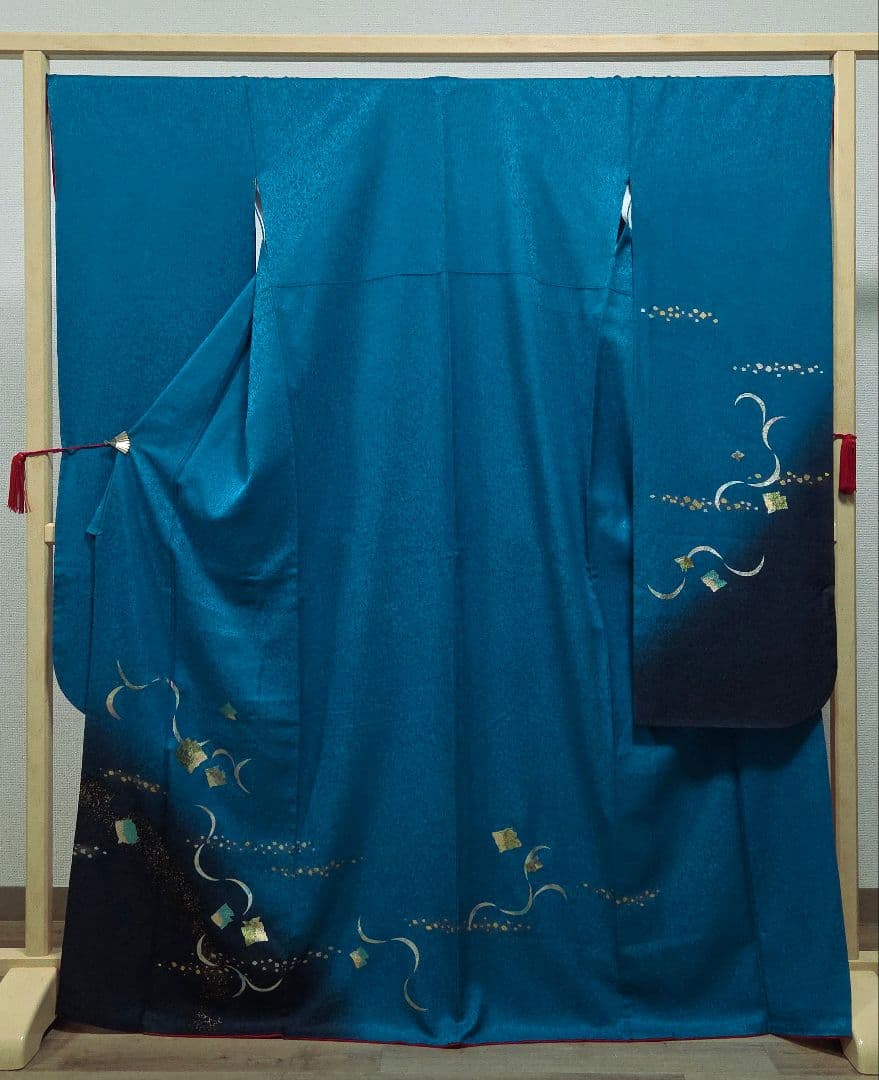 C5◆着物くつろぎ 桜に三日月模様 金銀彩 青緑 袷 正絹 成人式 振袖 着物