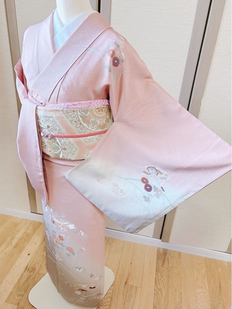 訪問着　一つ紋　フルセット　裄69 友禅 刺繍　卒業式　入学式　お宮参　袋帯 M