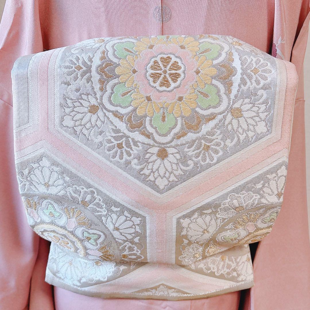 訪問着　一つ紋　フルセット　裄69 友禅 刺繍　卒業式　入学式　お宮参　袋帯 M