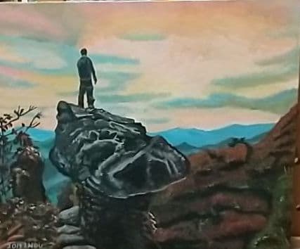 絵画、アクリル画、F8号、妙義山の岩山に立つ男　佐原聖春