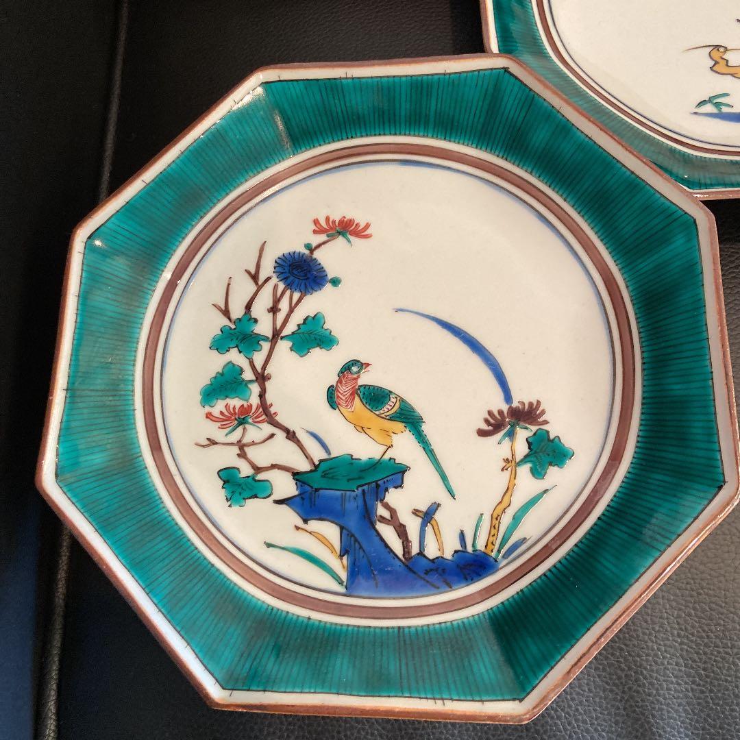古九谷　花鳥銘々皿　共箱　八角　二重角福　陶光造　5枚揃