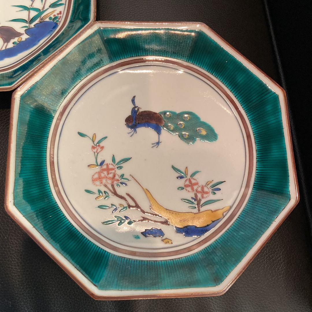 古九谷　花鳥銘々皿　共箱　八角　二重角福　陶光造　5枚揃