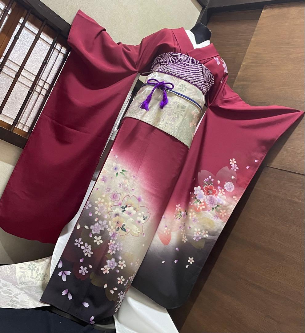 振袖フルセット6点サイズＬ跳兎　舞桜　暈し染　銀彩　正絹