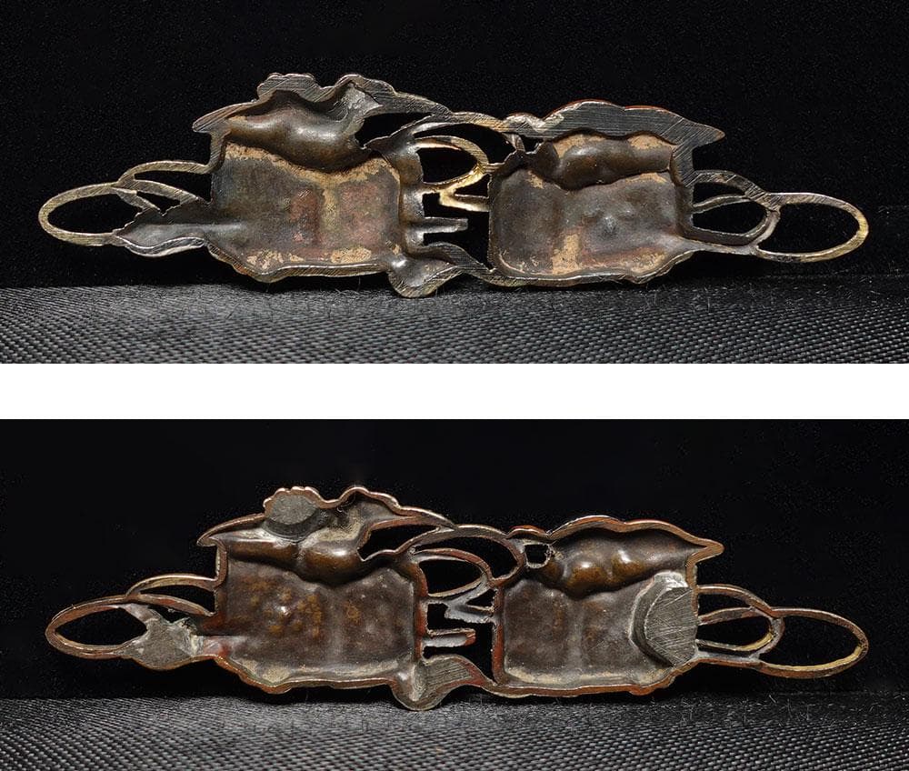 際端銘一芳　四分一地容彫蓬莱香炉図目貫　金象嵌銘　色絵象嵌　千葉元胤？　桐箱入