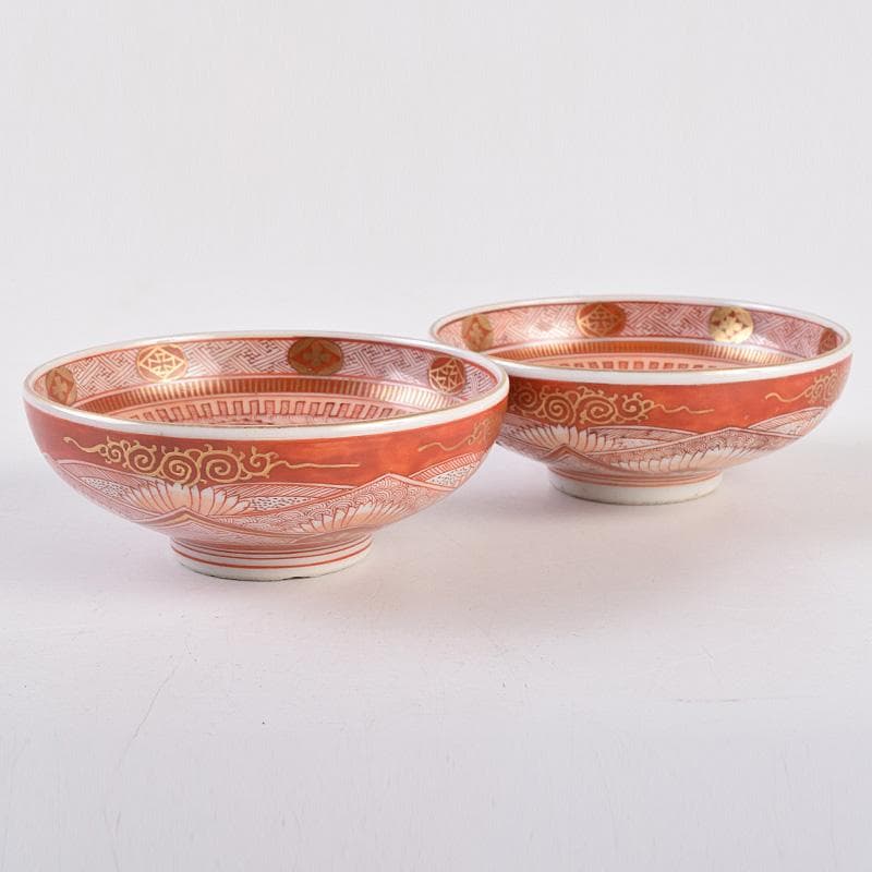 九谷焼　古九谷　赤絵金彩　鳳凰文　盃　一對　時代箱付　D　R8979