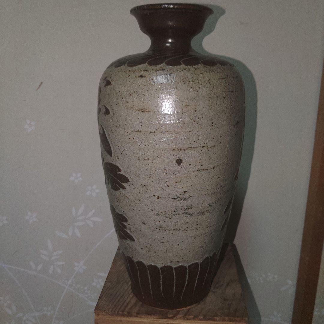 益子焼　伝統工芸師　三村北土　菊花刻文花瓶　木箱付