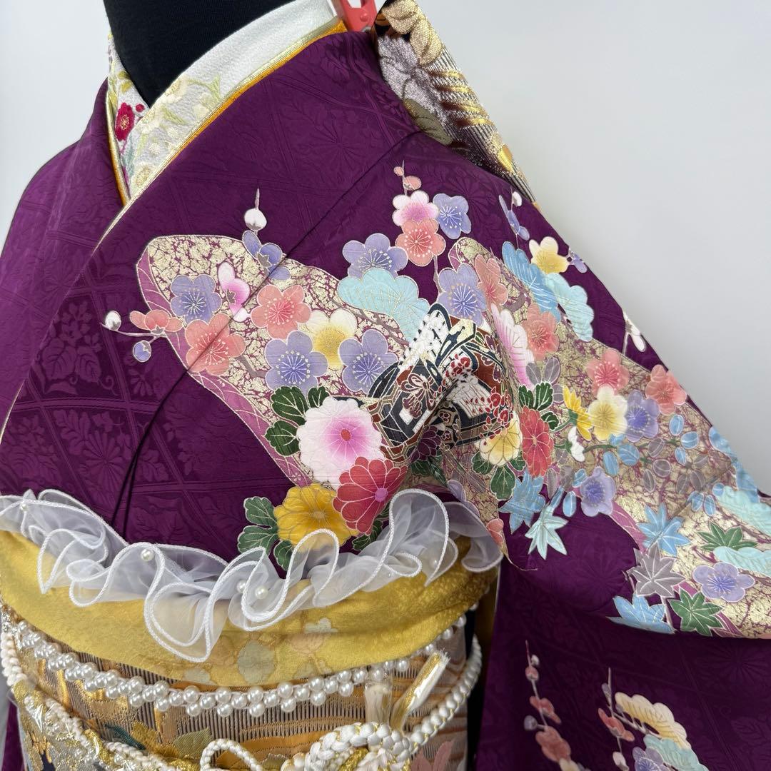 振袖フルセット　丸昌　地紋　金彩　金駒刺繍　成人式　白レースつけ袖付　正絹