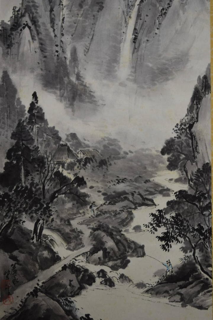 真作/蘆水/山水釣人図/桐共箱付/布袋屋掛軸HF-81