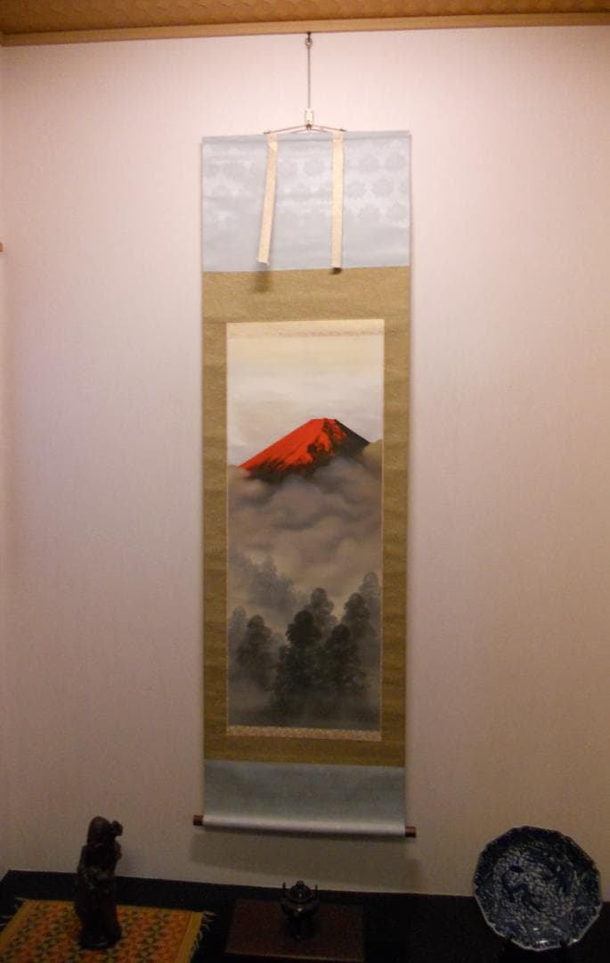 掛け軸 田中芳園 赤富士山水 中島清堂 識箱 絹本 希少 茶道具 掛軸 美品