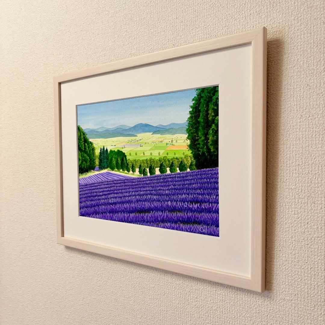 アクリル画　原画　「ラベンダー畑15」額縁付　F４サイズ　風景画