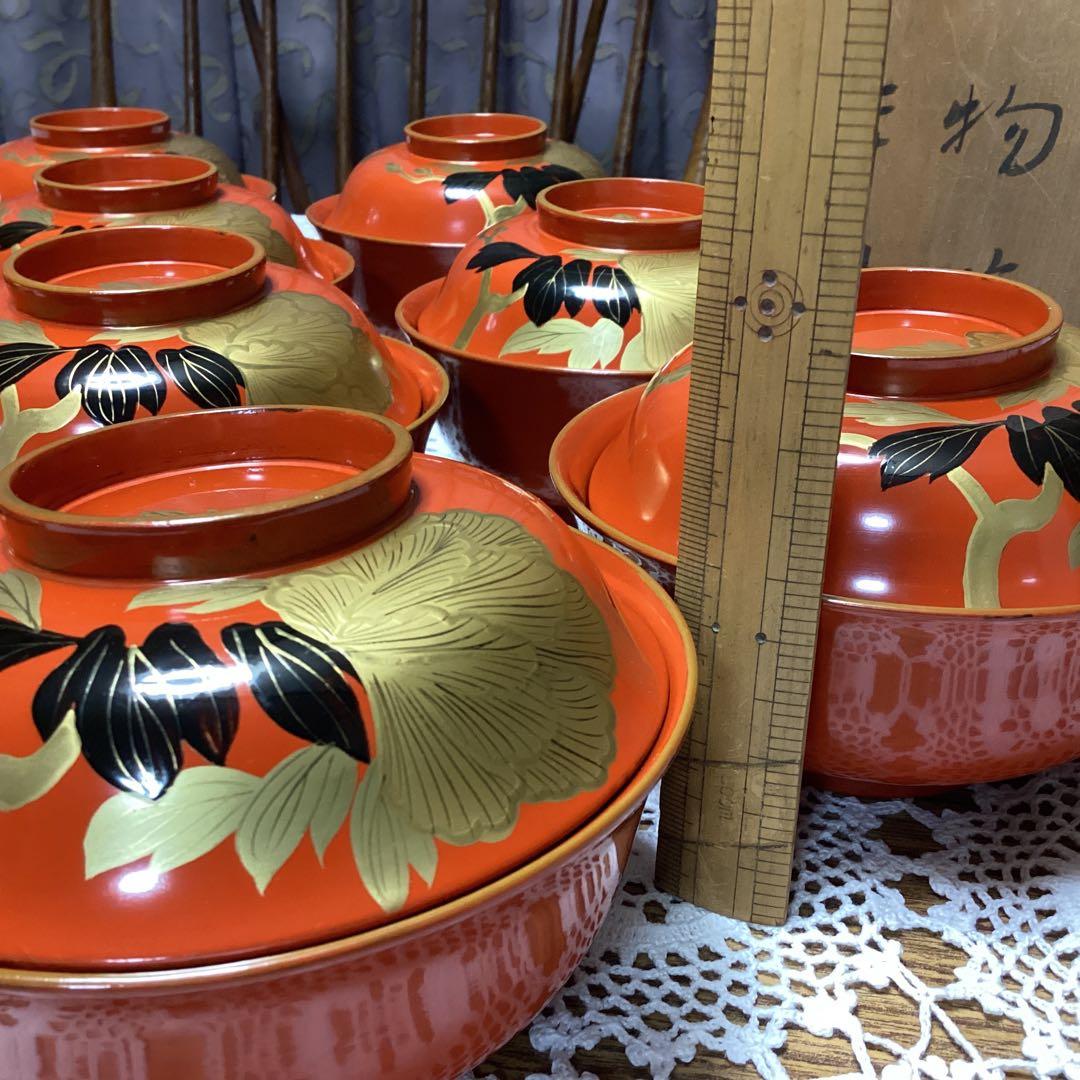 k2f8 朱色 牡丹　蓋付き椀 10客　金色装飾　年代物