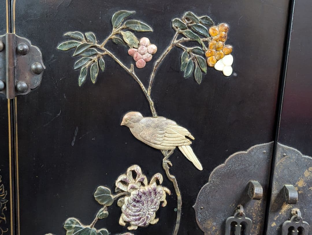 美術品 中国玉石木製 箪笥 花鳥模様 骨董品　アンティーク　レトロ