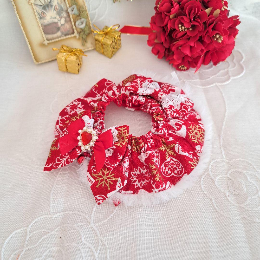 クリスマス幅広ファーシュシュ(赤×白)わんちゃん猫ちゃん用