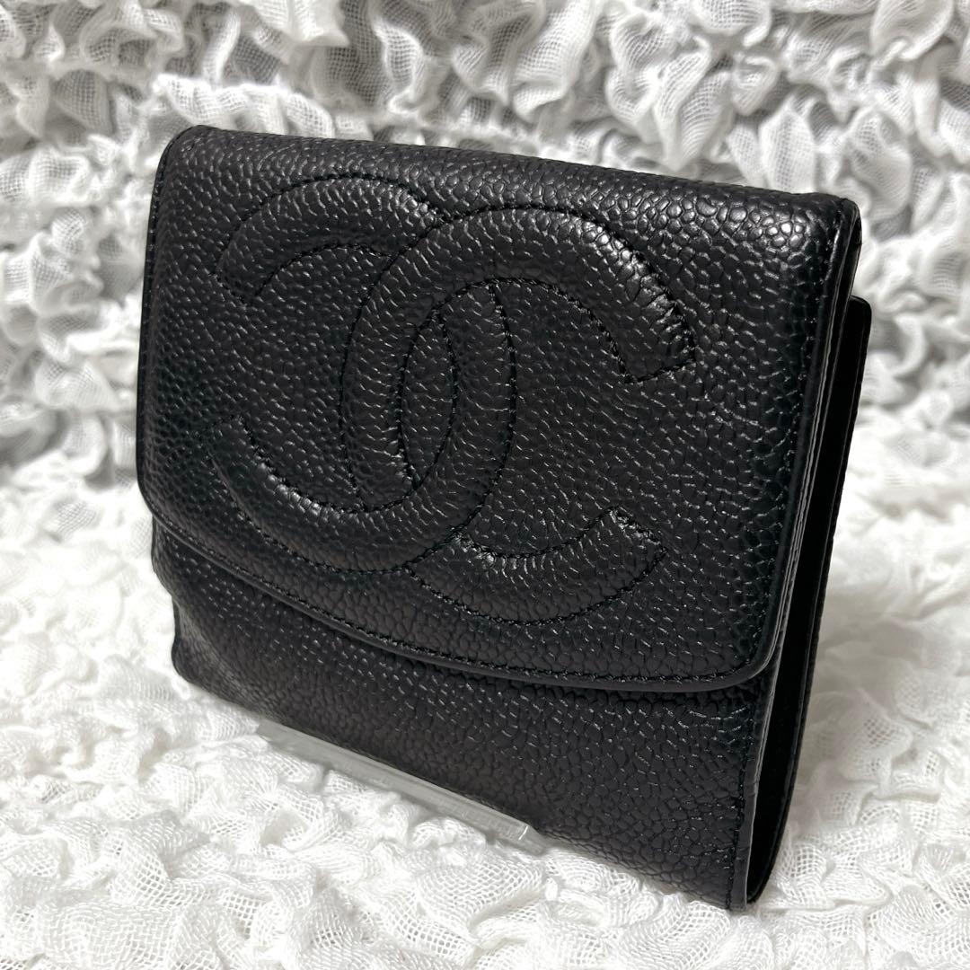 良品✨CHANEL シャネル キャビアスキン 折り財布 ココマーク ブラック