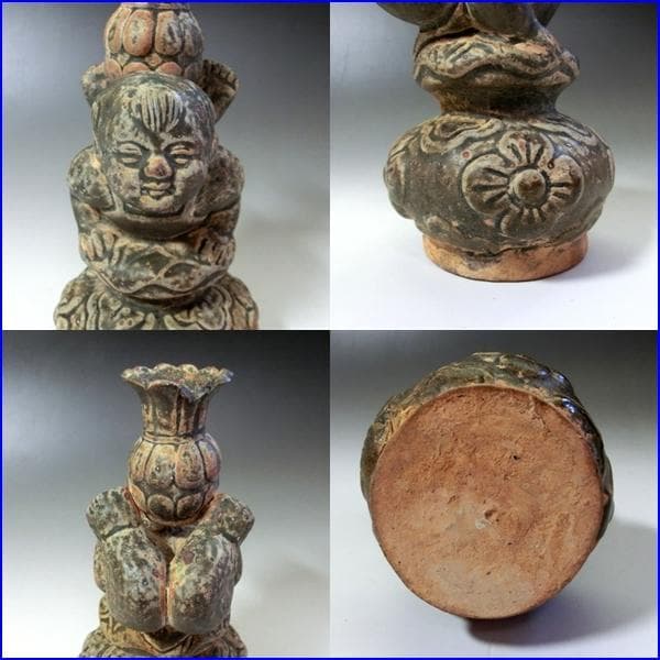 置物■唐子 花瓶 オブジェ 中国 時代物 古玩 古い花器 青磁 骨董品 希少■