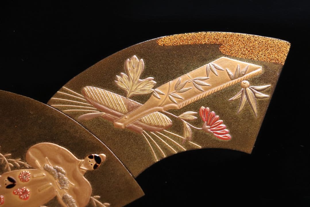 MA202 輪島塗 慶塚 扇面五節句蒔絵 卓上膳 五客 黒塗 足付長方膳 木製