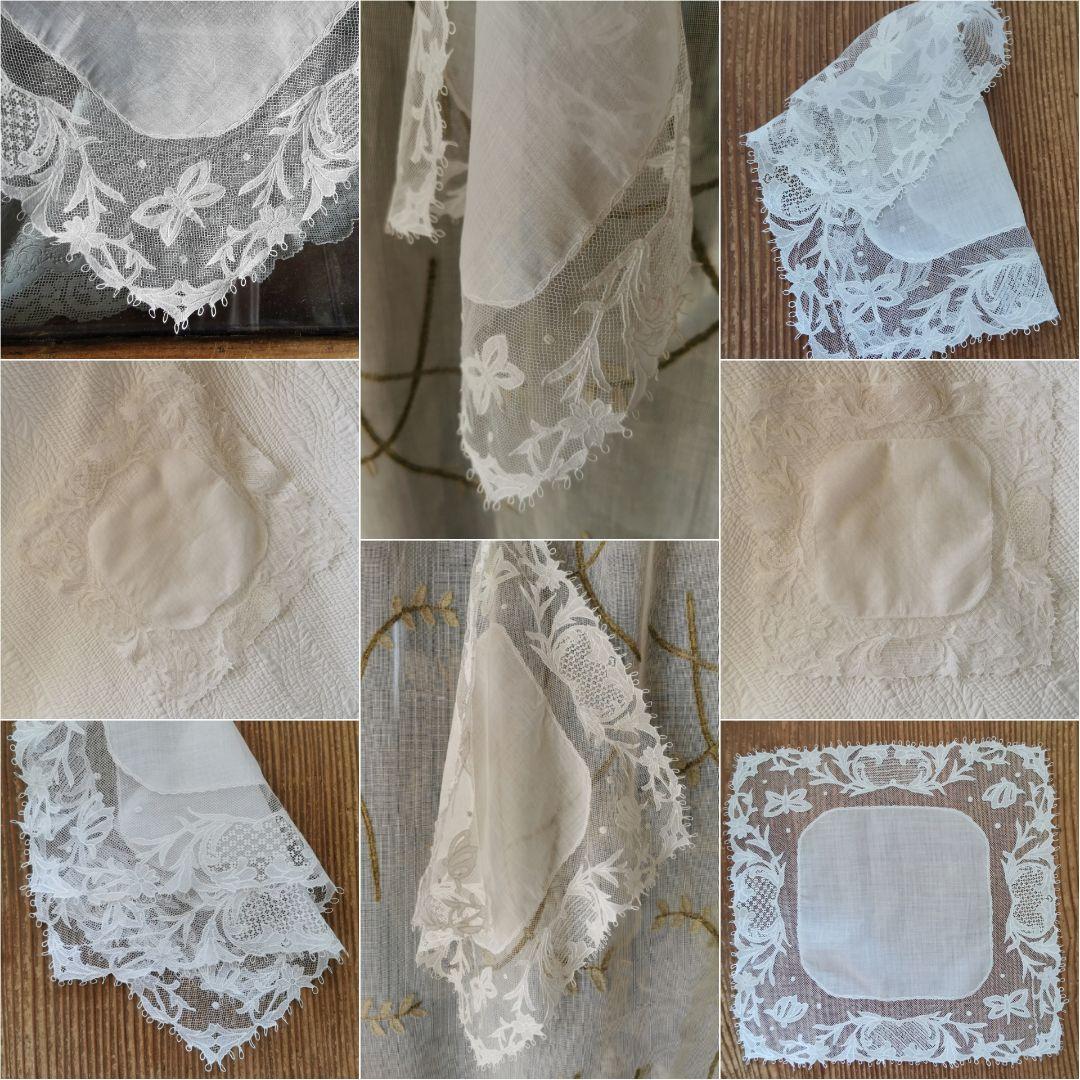 アンティーク キャリックマクロスレース バタフライと花 チュール ハンカチクロス