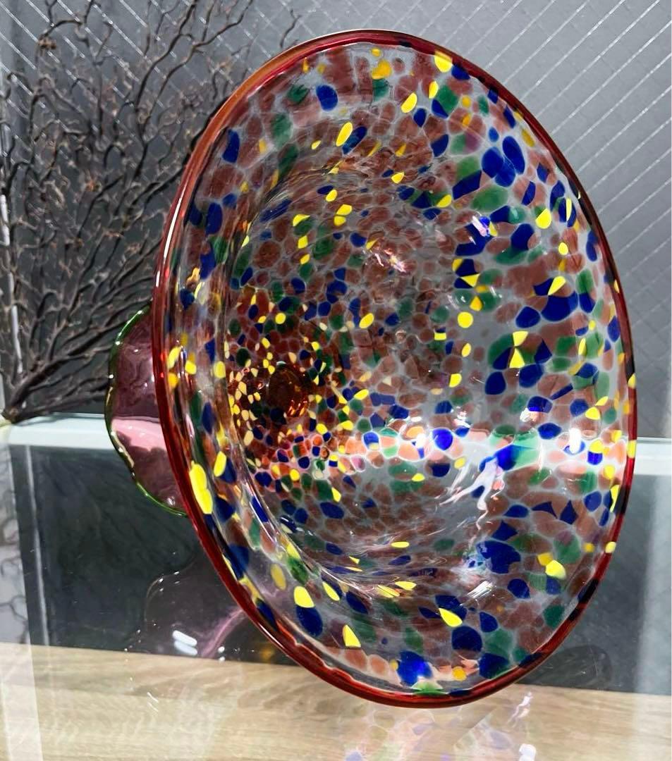 骨董　時代ガラス　希少　金赤吹雪紋　フリル 脚付　大型　コンポート　盃洗