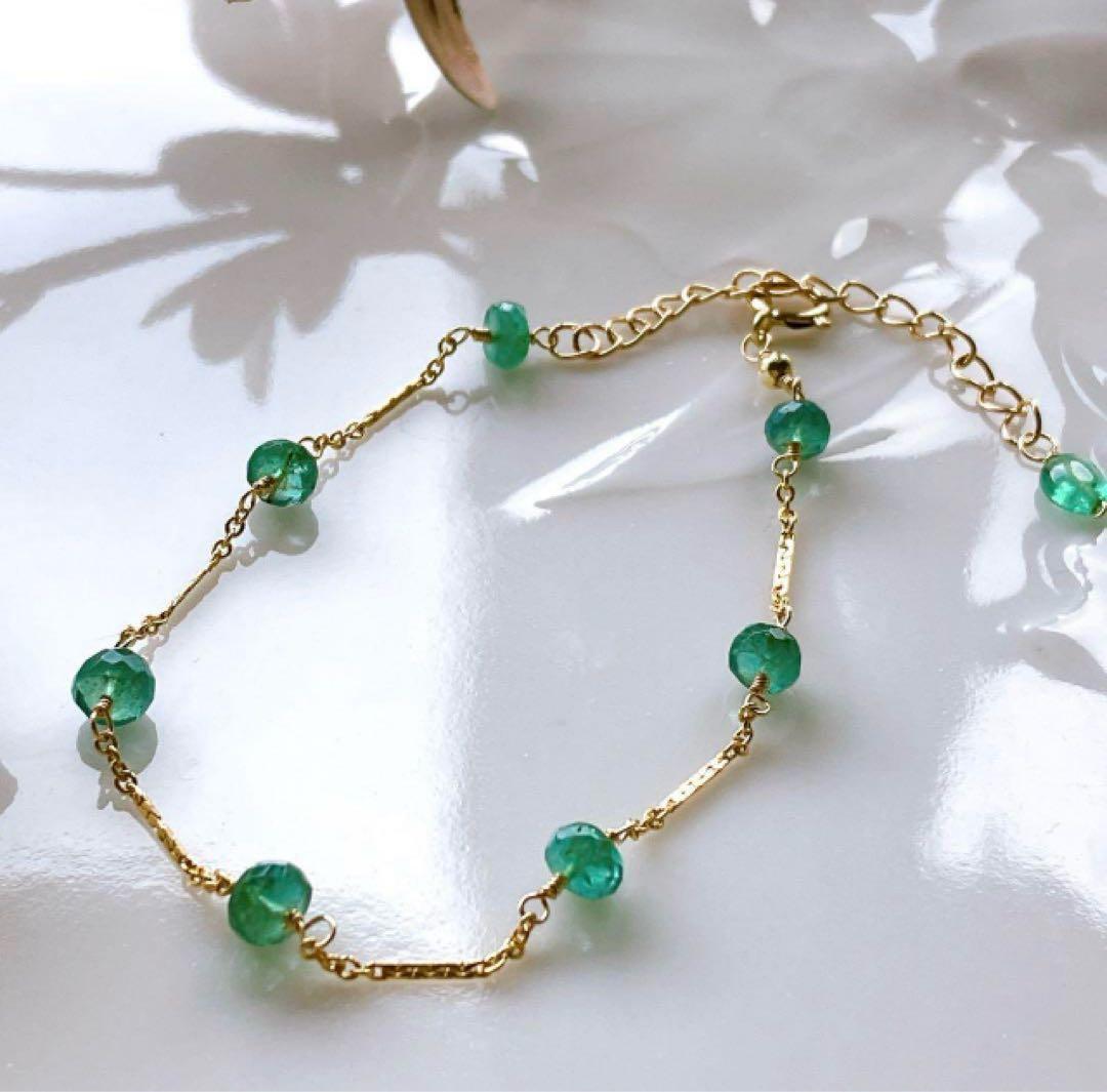 みっちゃん◆レクタングルモスアクアマリン×淡水パールブレスレット