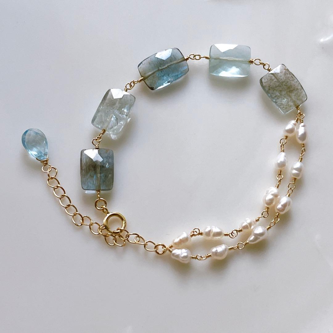 みっちゃん◆レクタングルモスアクアマリン×淡水パールブレスレット