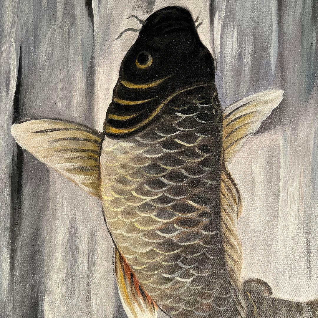 （大型）手書き油絵 鯉の滝登り 肉筆絵画 インテリア 油彩画