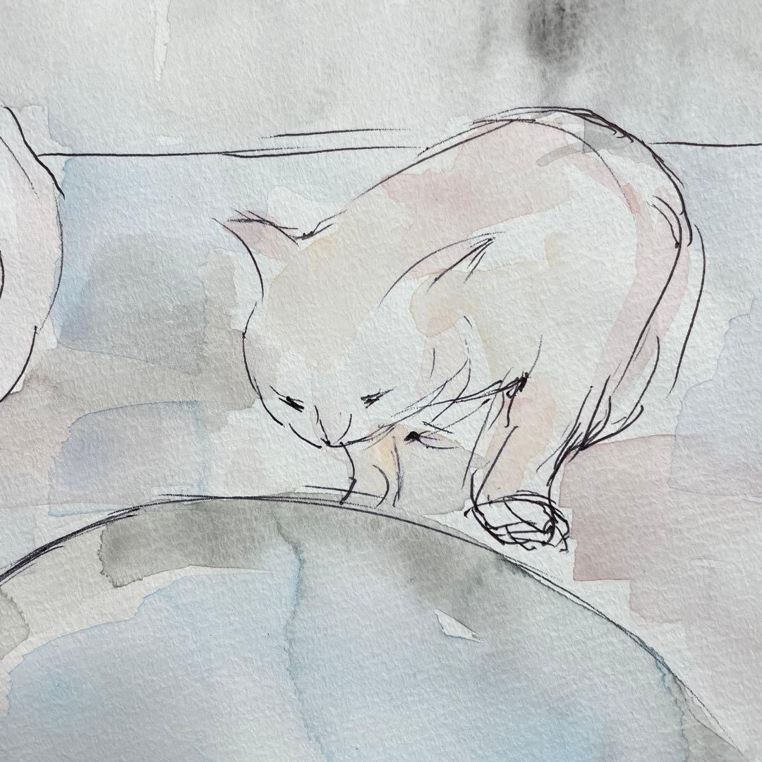 【原画】猫 水彩画｜静かな時間｜画用紙・121×251mm｜額装イメージ有