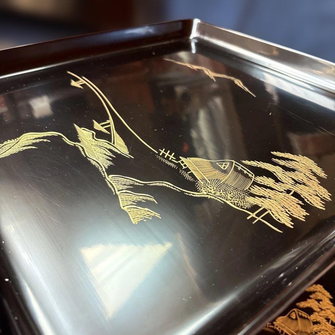 輪島塗　漆器 膳 5枚セット 黒と金の風景　蒔絵　沈金