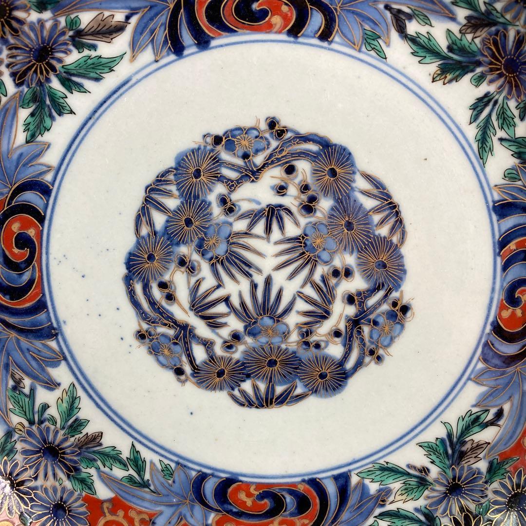 【柿右衛門】赤絵の伝統　日本の名窯　角福　柿右衛門作　染錦四方波松竹梅見込　大皿