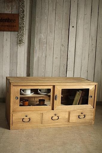 古いガラス戸棚×木製小引き出し3杯　食器棚　タンス　収納　古家具　古民家