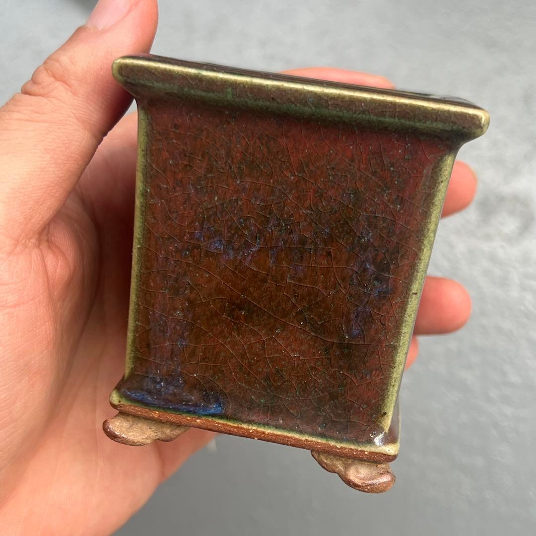 691.平安虹泉 辰砂釉雲足正方 盆栽鉢 植木鉢 6.5*6.5*7.6cm