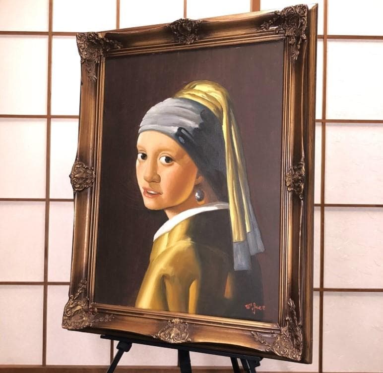 【 フェルメール『真珠の耳飾りの少女』】　肉筆複製画　額73.5×58.1ｃｍ