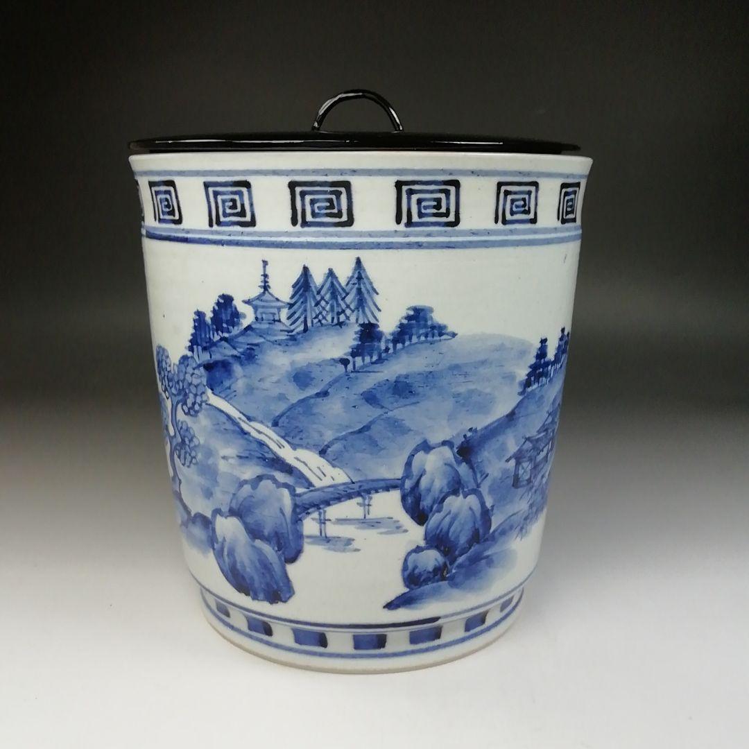 Ｔ６８７　水指　『染付　山水文』『手塚充 作』『久田宗也(尋牛斎)書付』　共箱