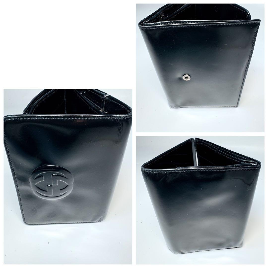 極美品　GUCCI グッチ　がま口エナメルパテントレザー三つ折り財布ブラック黒