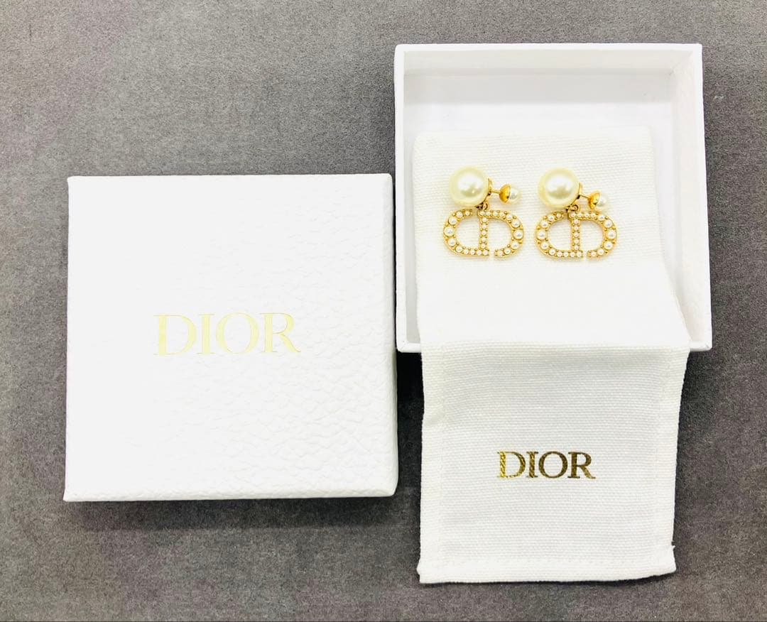 DIOR ディオール トライバル ラインストーン ロゴ ピアス ゴールド パール