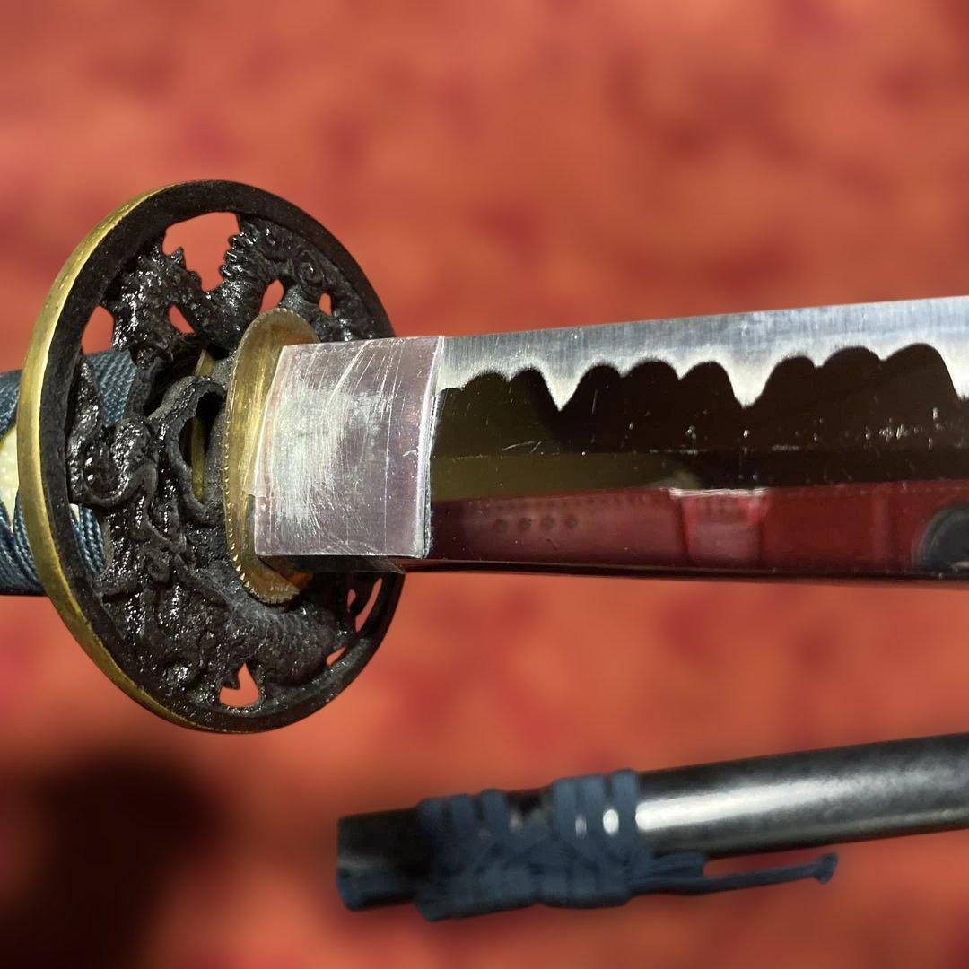 模造大刀 濃紺柄 龍彫透し丸鍔 黒梨地鞘