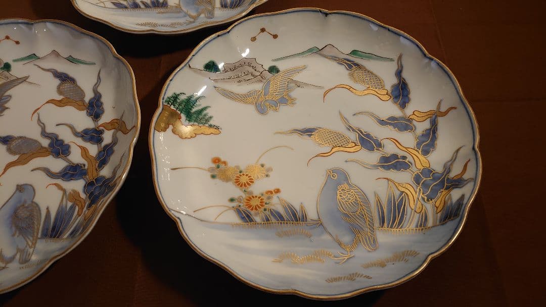 古伊万里　伊万里　大聖寺伊万里　大皿　金襴手　鳥の図　江戸期　3客