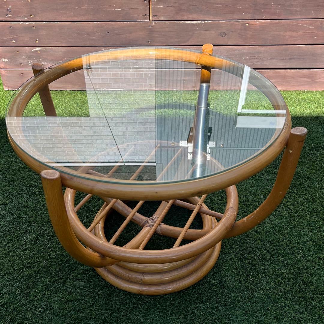 【昭和レトロ】藤 ラタン 丸テーブル　丸椅子セット