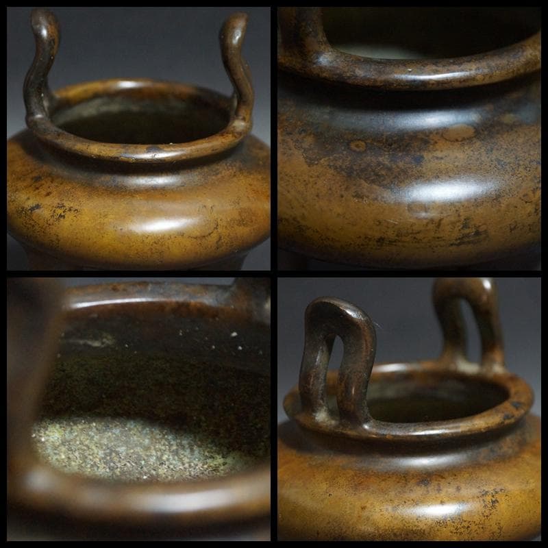 清 名古斎 款 古銅製琴炉 双耳鼎足 香炉 銅爐 茶道具/ 香道具 古美術時代物