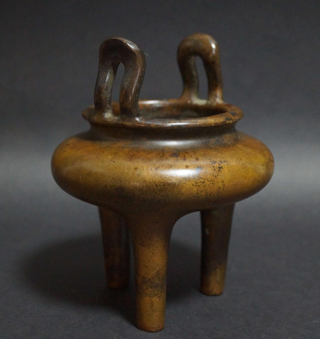 清 名古斎 款 古銅製琴炉 双耳鼎足 香炉 銅爐 茶道具/ 香道具 古美術時代物