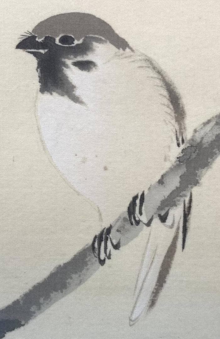 木村武山「雀に柿」花鳥画 掛軸 絹本：茨城県