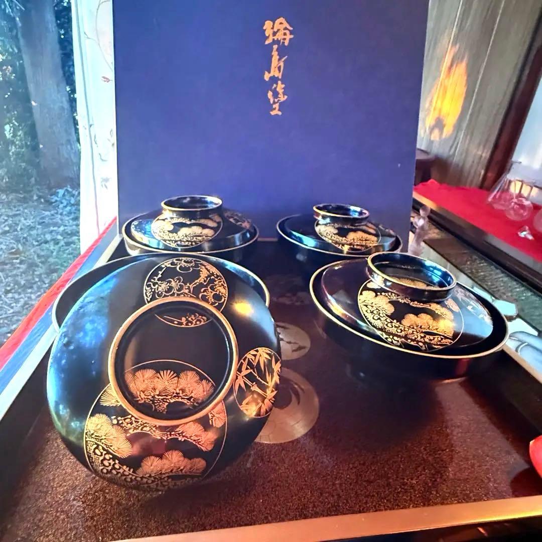 2115様感謝‼️ スーパームーン記念JAPAN輪島丸紋沈金松竹梅&鶴亀　黒椀4客