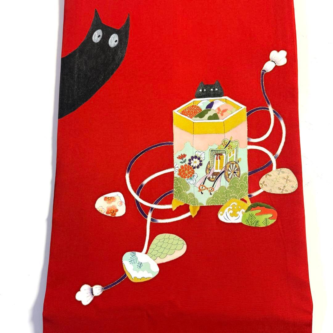 5k2747 名古屋帯　絹　塩瀬帯　猫　赤　黒　ピンク　青　金色　花柄　和装