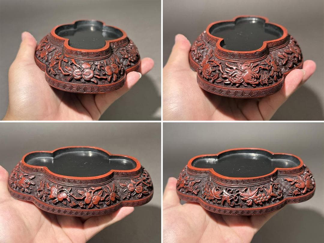 【漆】　★ 漆器 朱漆絵金龍人物紋毛筆 ★　清代　花卉 唐人 描金文様　文房珍玩