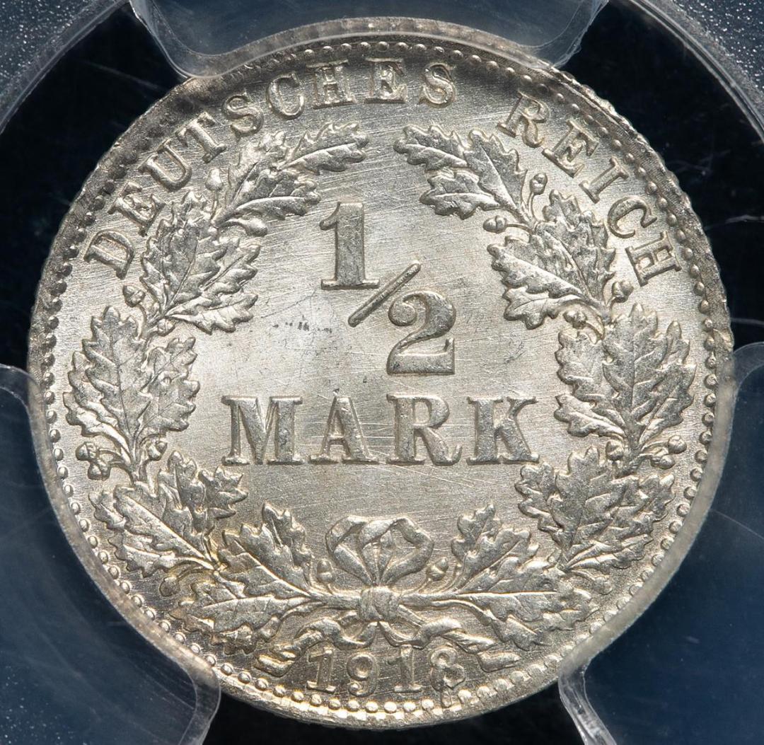 高鑑定　PCGS-MS65　ドイツ帝国　1918/05-D　 1/2M 　銀貨