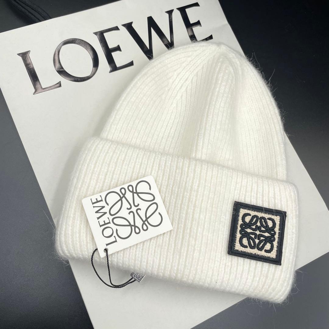 未使用★ロエベ　ニット帽　カシミヤ混　ロゴ　レディース　ホワイト
