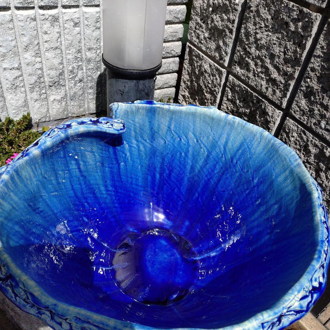 信楽焼手作り　ブルーガラスめだか鉢金魚鉢　直径53㌢